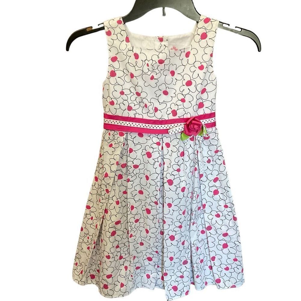 Dollie & Me Girls Dress Button Back Tie Sash White Pink Black Floral Children 6X